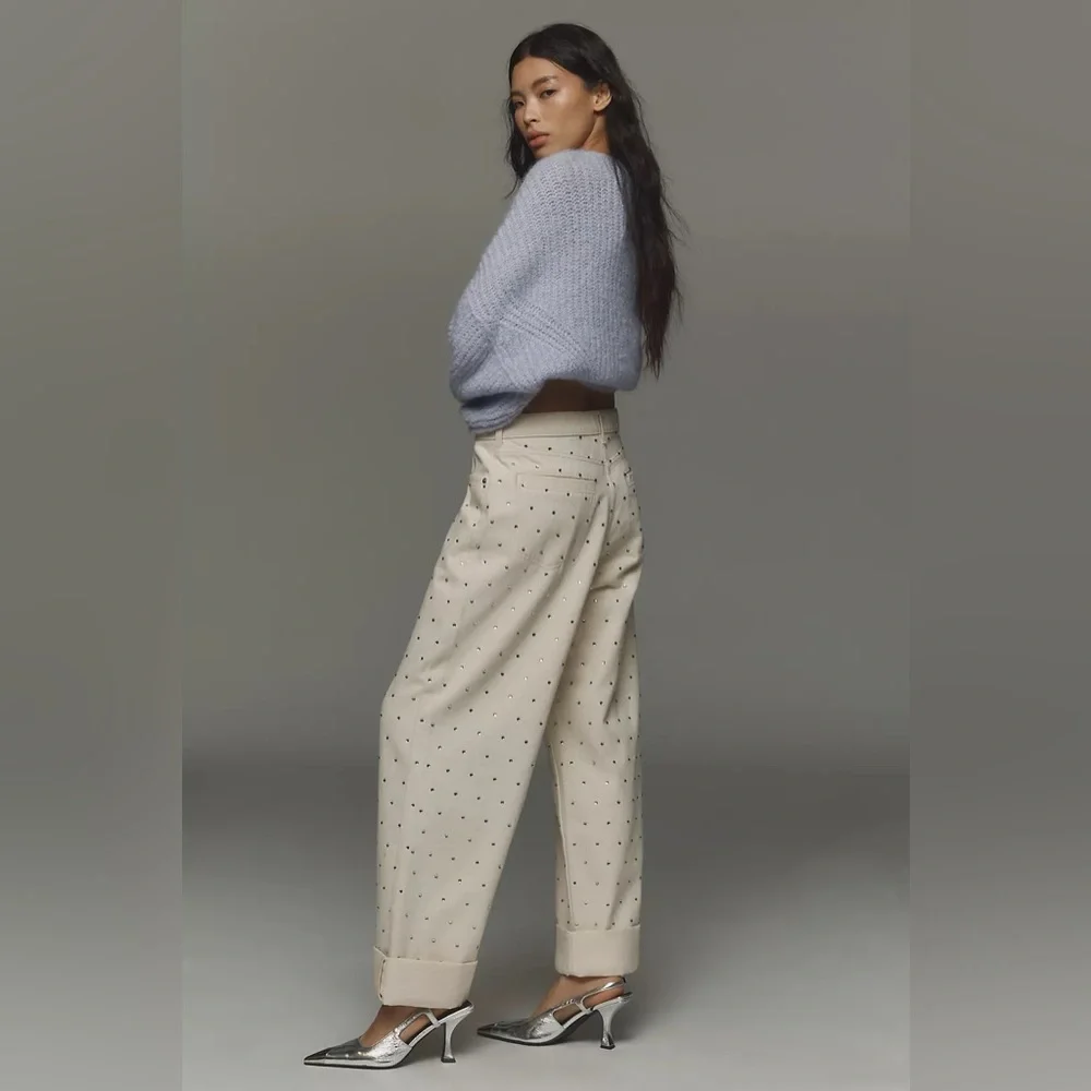 NWT Anthropologie Pilcro Sparkle Relaxed Wide Leg Cuff Jeans Ivory 30